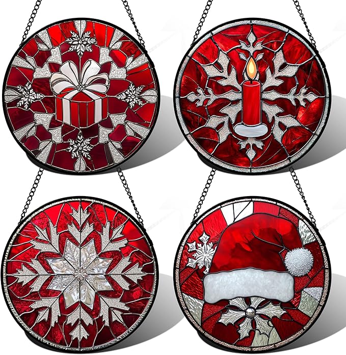DASTOLL Stained Glass Window Hanging 4 Pcs Set Red Christmas Decorations Theme 7.8" - Suncatcher Door Garden Sun Catcher Decor Birthday for Mom Woman Nana Men Friend Wife