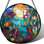 AMDERVEN Stained Glass Window Hanging - Blue Ocean World Small Fish Coral Sun Catcher for Door Garden Home Decor Sea Suncatcher Christmas Mother's Day Birthday Gifts for Women Men Mom Nana 15 in