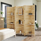 HOMCOM Room Divider, 6 Panel 67" Tall Wood Privacy Screen with 3 Display Shelves, and Folding Storage for Bedroom or Home Office, Natural Wood