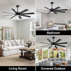 WINGBO 72" Large DC Ceiling Fans with Lights and Remote, 3 Downrods, 8 Plywood Blades, 6-Speeds Reversible DC Motor, 3CCT, Indoor Ceiling Fan for Bedroom Living Room Patio, Black