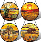 DASTOLL Stained Glass Window Hanging 4 Pcs Set Desert Sunset Theme Landscape Large 15" - Suncatcher Door Garden Sun Catcher Decor Birthday Christmas for Mom Woman Nana Men