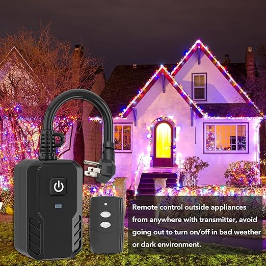 BN-LINK Outdoor Remote Control Outlet Plug Black,Indoor Wireless Outlet Switch Weatherproof Heavy Duty 15A 3-Prong 6-inch Cord 100Ft Range,3Pack(Battery Included)