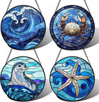 DASTOLL Stained Glass Window Hanging 4 Pcs Set Blue Ocean Waves 7.8" - Starfish Crab Seal Suncatcher Door Garden Sun Catcher Decor Birthday for Mom Woman Nana Men Friend