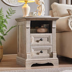 T4TREAM Farmhouse Nightstand Set of 2, 18" Side Table with Charging Station, Wood End Table w/Roman Column, Bedside Cabinet for Bedroom, Living Room, Light Rustic Oak