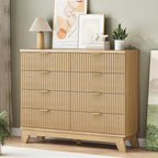 Fluted Dresser for Bedroom with 8 Drawers, 48" Wide Modern Chest of Drawers with Metal Handle, Wooden Dresser TV Stand, Wood Closet Clothes Storage Organizer for Living Room, Hallway, Natural Oak