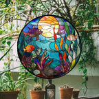AMDERVEN Stained Glass Window Hanging - Blue Ocean World Small Fish Coral Sun Catcher for Door Garden Home Decor Sea Suncatcher Christmas Mother's Day Birthday Gifts for Women Men Mom Nana 11.8 in