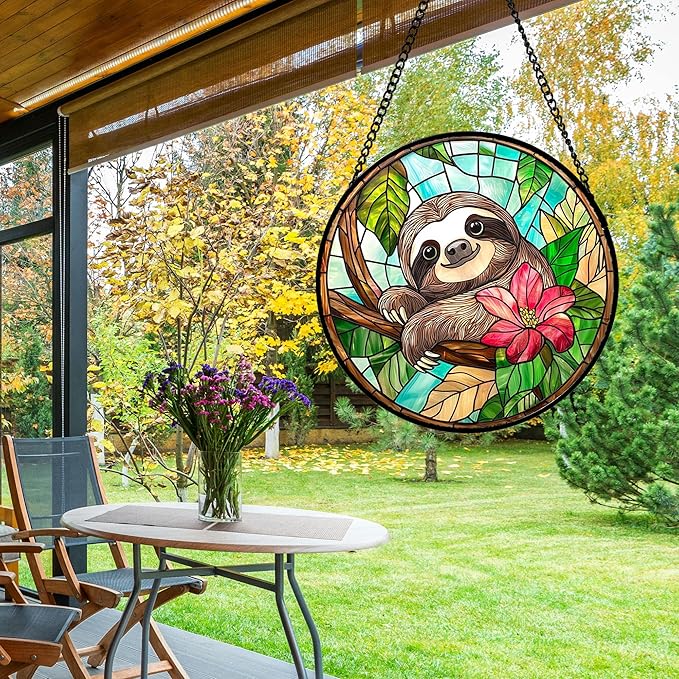 AMDERVEN Stained Glass Window Hanging, Cute Sloth Sun Catcher for Door Home Decor Animal Suncatcher Christmas Mother's Day Birthday Gifts for Women Men Mom and Nana 7.8 in
