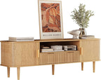 DAMCROP 62.4 Inch Fluted TV Stand, Modern Media Console Table with Sliding Tambour Door Farmhouse Sideboard Buffet Cabinet Fits TVs up to 75 inch, Wood Entertainment Center for Living Room(Oak)