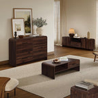LuxenHome 70" Mid-Century Modern TV Stand for TVs up to 75", Walnut Finish TV Stand with Rounded Corners, Entertainment Center Console with 2 Doors & 1 Drawer for Living Room, Bedroom