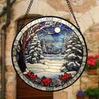 DASTOLL Stained Glass Window Hanging Christmas Tree Winter Snow Night Scenery 9.8" - Suncatcher Door Garden Kitchen Sun Catcher Home Decor Birthday for Mom Men Woman Friend