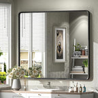 40x36 Inch Black Metal Framed Bathroom Mirror for Wall, Black Rounded Rectangle Mirror, Matte Black Bathroom Vanity Mirror, Anti-Rust, Shatterproof, Hangs Horizontally or Vertically