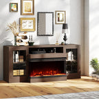 CharaVector 63 inch Fireplace TV Stand for TVs up to 75" with 30" 3-Sided Electric Fireplace, Farmhouse Entertainment Center with Glass Doors & Storage Cabinet, Brown