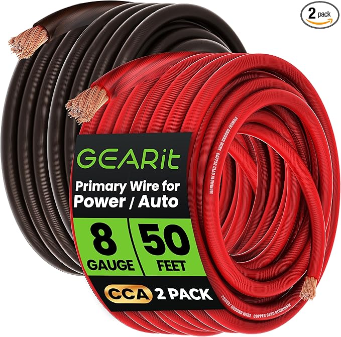 GEARit 8 Gauge Wire (50ft Each- Black/Red Translucent) Copper Clad Aluminum CCA - Primary Automotive Wire Power/Ground, Battery Cable, Car Audio Speaker, RV Trailer, Amp, Electrical 8ga AWG 50 Feet