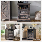 T4TREAM Farmhouse Nightstand Set of 2, 18" Sofa Side Table with Charging Station, Wood End Table w/Roman Column, Bedside Cabinet for Bedroom, Living Room, Dark Rustic Oak