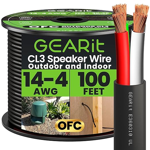 GEARit Outdoor Speaker Wire CL3 Rated, 14 Gauge Speaker Wire, Speaker Cable 100 ft for Outdoor Speakers, Patio, Garden, Backyard Audio, Direct Burial in Ground/in Wall, OFC (Black, 4-Conductors)