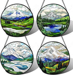 DASTOLL Stained Glass Window Hanging 4 Pcs Set Mountains Lake Green White Landscape 6.3" - Suncatcher Door Garden Sun Catcher Decor Birthday Christmas for Mom Woman Nana Men