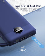 VRURC Portable Charger for iPhone, USB C Power Bank 10000mAh, Slim Travel Battery Pack with Built in Cables, 5 Outputs 2 Input Portable Phone Charger for iPhone 17 16 15 14 13, Samsung, Android-Navy
