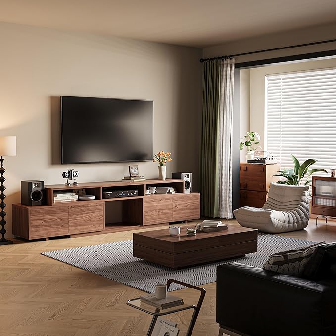 Extendable TV Stand for 65-100 Inches TVs - Walnut Entertainment Console with 2 Cabinets, 3 Open Compartments & 1 Adjustable Shelf, Cable Management, Adjustable Length 63''-94.5'' (Walnut, 63"-94.5")