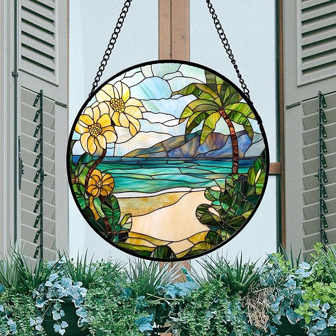 DASTOLL Stained Glass Window Hanging 4 Pcs Set Blue Ocean Coconut Tree Scenery Large 11.8" - Suncatcher Door Garden Sun Catcher Decor Birthday Christmas for Mom Woman Nana Men