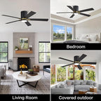 WINGBO 48" DC Flush Mount Ceiling Fan with Lights, 5 Plywood Blades, 6-Speed Reversible DC Motor, 3CCT, Low Profile Hugger Ceiling Fan for Living Room Bedroom Kitchen, Black and Brass