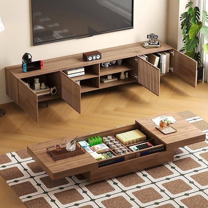 gaoyangjiaju Mid-Century Modern 94.48" TV Stand and Expandable Coffee Table Set, Large Walnut Entertainment Center with Storage for Living Room and Bedroom Furniture Decor