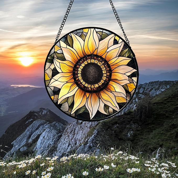 CRISGIF Stained Glass Window Hanging - Sunflower Suncatcher for Door Garden Patio Retro Flower Sun Catchers Decor Christmas Mother's Day Birthday Gifts for Women Mom Nana Friend Wife 7.8 in
