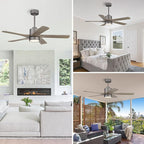WINGBO 48 Inch DC Ceiling Fan with Lights and Remote Control, 5 Carved Solid Wood Blades, 6-Speed Noiseless Reversible DC Motor, Indoor Ceiling Fan in Graphite Finish with Gray Blades