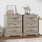 Nightstand Set of 2,24" Wide End Table with 3 Large Drawers & Metal Handles,Rustic Farmhouse Wood Small Dresser,Bedside Table,Modern Chest of Drawers for Bedroom,Living Room,Grey