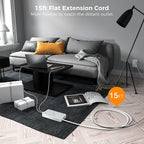 Flat Plug 15 FT Extension Cord, TESSAN Surge Protector Power Strip with 8 AC and 3 USB(1USB-C) Ports, 1080J Protection, Wall Mount Widely Spaced Charging Station for Home, Office, School, Dorm Room