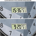 SCAOGE Industrial Wall Clock with Day Week Temperature Grayish Blue Non-Ticking Digital Clocks Large Display Battery Operated Wall Mount Analog Clock with Date for Living Room Bedroom Decor 14 Inch