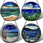 AMDERVEN Stained Glass Window Hanging 4 Pcs Set Navy Blue Ocean Landscape 6.3" - Suncatcher Door Garden Sun Catcher Decor Birthday Mother's Day for Mom Woman Nana Girl Boy Friend