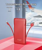 TG90° Portable Charger 10000mah Cell Phone Battery Backup, Ultra Slim Power Bank with Built in Cables(No AC Plug), Portable Phone Charger Battery Packs Compatible with iPhone Android Phones