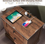 T4TREAM 24" Farmhouse Nightstand with Charging Station Set of 2, Large End Table with 2 Storage Drawers, Rustic Wood Sofa Bedside Table for Bedroom, Reclaimed Barnwood Color