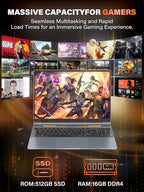 Rumtuk 16" Gaming Laptop Computer - Alder Lake N95 Processor (3.4GHz), FHD 1920 * 1200 IPS, 16G RAM, Fingerprint, Backlit Keyboard, 180° Hinge, Lightweight for Business & Student (512GB)
