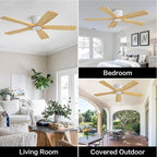 WINGBO 48" Flush Mount DC Ceiling Fans Without Lights, 5 Carved Solid Wood Blades, 6-Speed Reversible DC Motor, Low Profile Hugger Ceiling Fan No Lights for Living Room Bedroom Patio, White and Oak