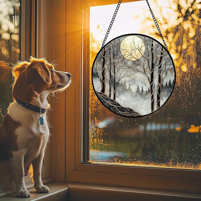 AMDERVEN Stained Glass Window Hanging - Black and White Gold Moon Forest Sun Catcher for Door Home Decor Suncatcher Christmas Mother's Day Birthday Gifts for Women Men Lovers Mom Nana 7.8 in