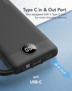 VRURC Portable Charger with Built in Cables, Slim Power Bank 10000mAh, USB C Battery Pack Travel Essential, 5 Outputs 2 Inputs Phone Charging Bank for iPhone 16 15 14 13,Samsung,Android-Black(1 Pack)